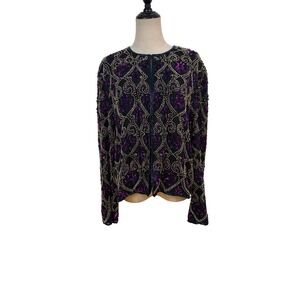 vtg Scala Beaded Sequin Jacket Women XXL Black Purple Silk Cardigan Party event